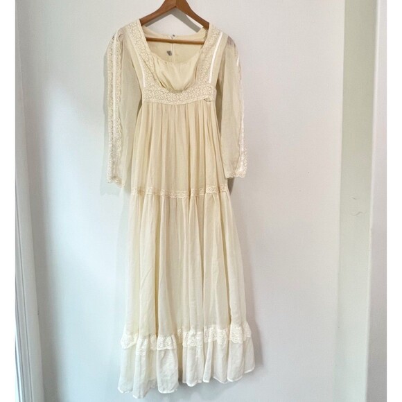 Vintage 70’s Ivory Boho Prairie Maxi Dress Lace Trim Women’s Size 5 - Picture 1 of 16